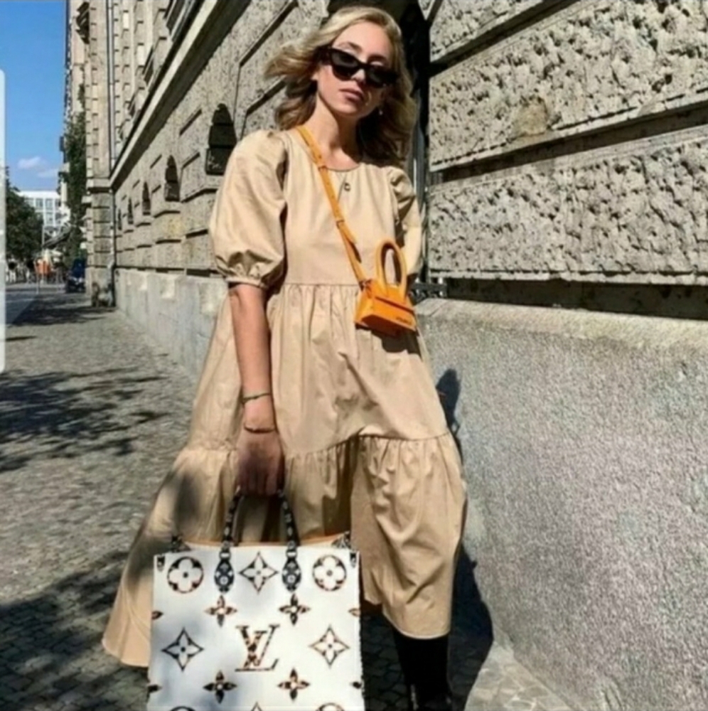 Zara Puff Sleeve Camel Poplin Dress